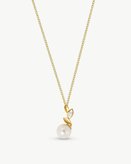 Collar plata dorada Majorica Selene hojas perla blanca con una circonita para mujer
