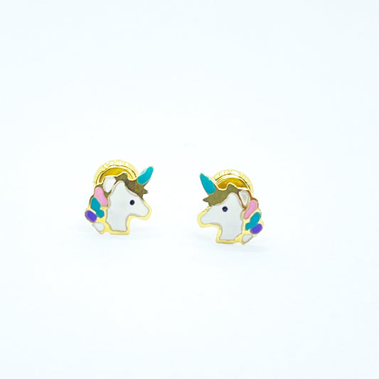 Pendientes Oro 18K unicornios esmaltado para niña