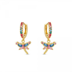 Pendientes de plata dorada Aro con libelulas circonitas multicolor para mujer