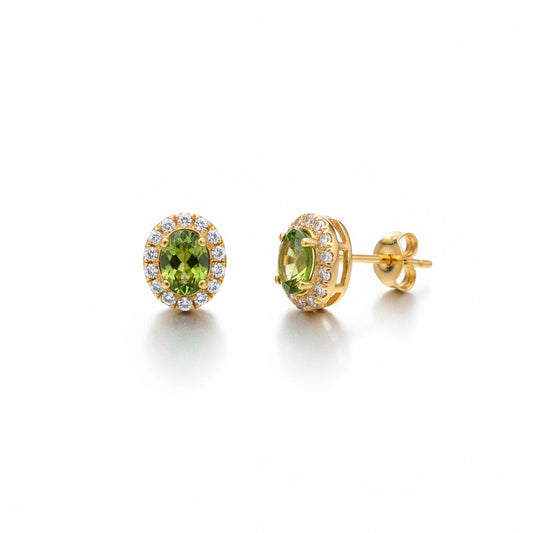 Pendientes de oro 18K ovalado color olivina con circonitas para mujer