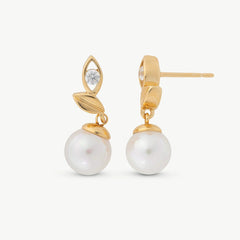 Pendientes de plata dorada MAJORICA hoja Selene perla blanca y circonita para mujer