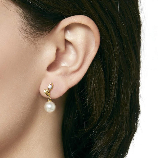 Pendientes de plata dorada MAJORICA hoja Selene perla blanca y circonita para mujer