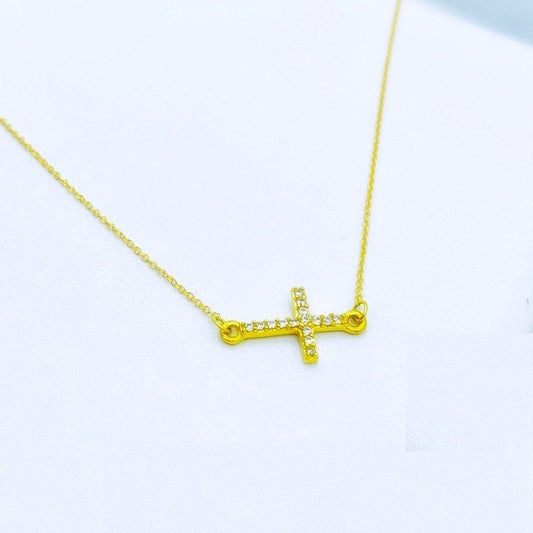 Collar cruz horizontal en oro 18k con circonitas para mujer