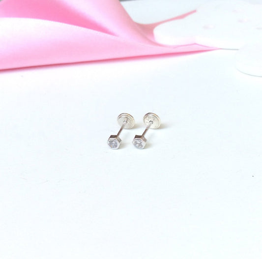 Pendientes pentagonal circonita plata de ley para niña