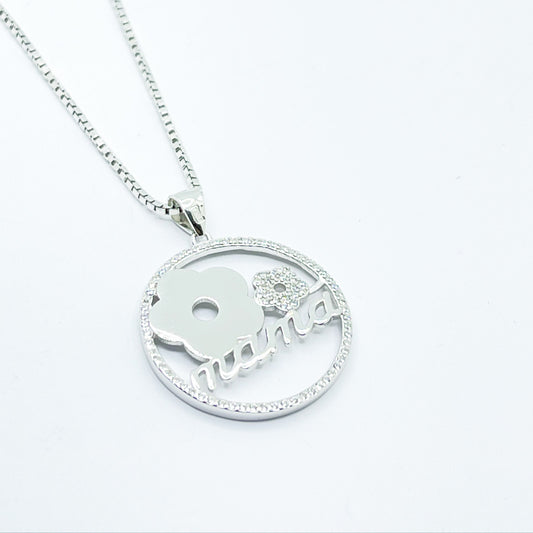 Collar con colgante MAMA de plata Circulo de circonitas con flores para mujer