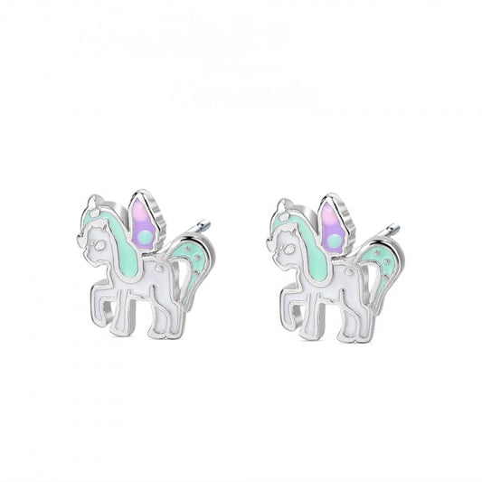 Pendientes de plata unicornio alado de colores para niña