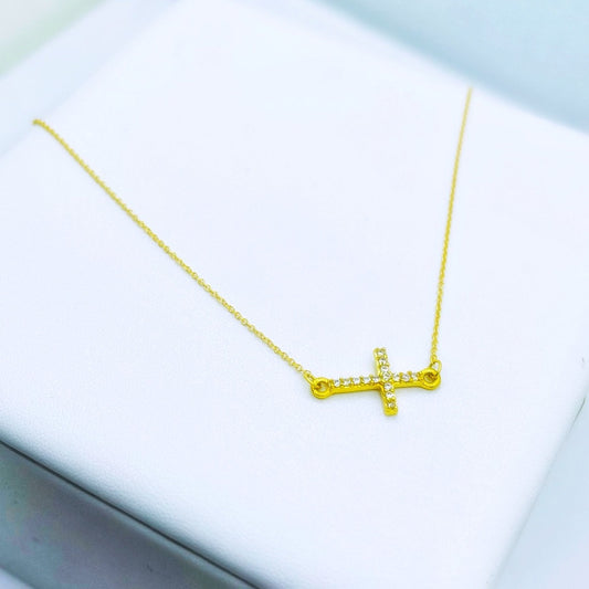 Collar cruz horizontal en oro 18k con circonitas para mujer