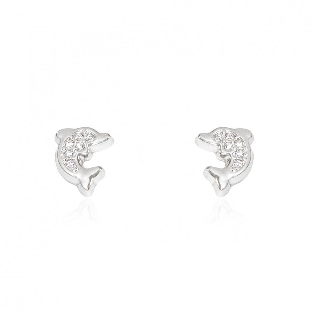 Pendientes de oro Blanco 18k Bebe Delfín con circonitas