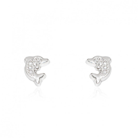 Pendientes de oro Blanco 18k Bebe Delfín con circonitas