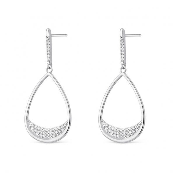 Pendiente de plata rodiado barra con gota y circonitas de 43 mm de largo con cierre presión para mujer