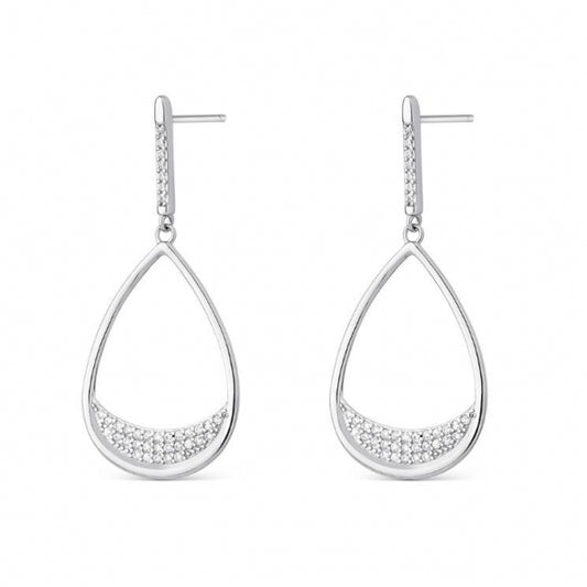 Pendiente de plata rodiado barra con gota y circonitas de 43 mm de largo con cierre presión para mujer