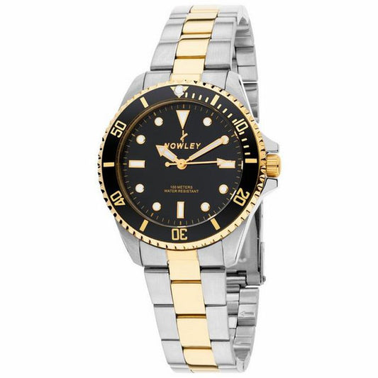 Reloj NOWLEY submariner analógico acero esfera negra bisel dorado para mujer