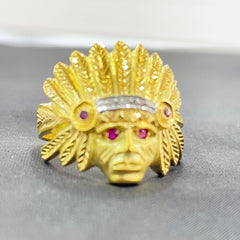 Anillo de oro 18k Cabeza Jefe Indio Piedras preciosas para hombre