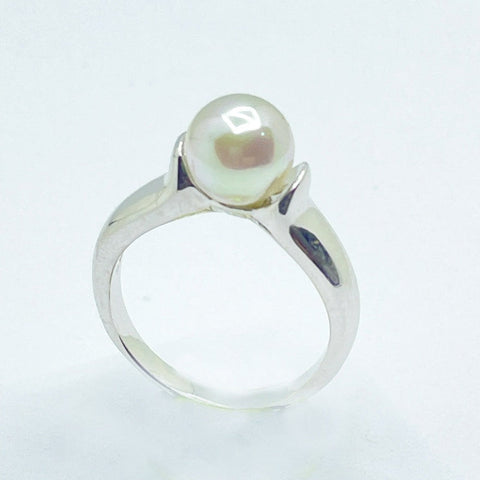 Anillo clasico de plata con perla blanca Majorica de 8mm para mujer