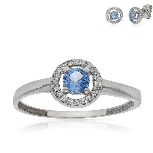 Anillo oro Blanco de 18k Circonitas y Aguamarina para mujer