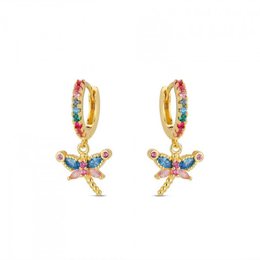 Pendientes de plata dorada Aro con libelulas circonitas multicolor para mujer