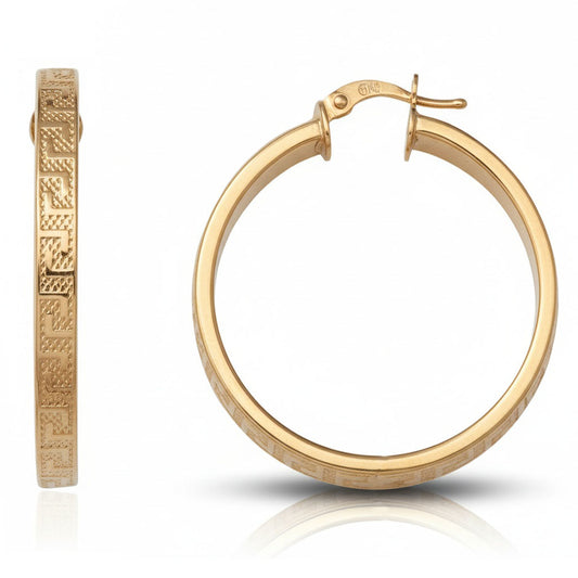Pendientes Aros oro 18k con greca labrado 30mm para mujer