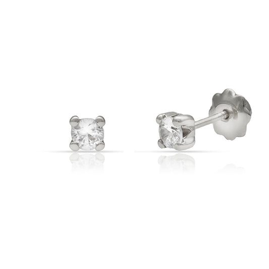 Pendientes de oro blanco para niña con circonita y cierre de rosca