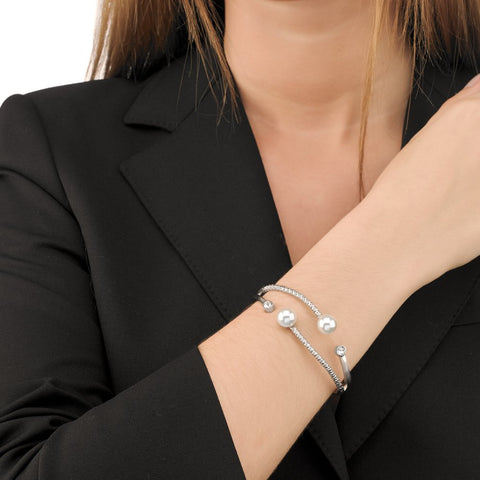 Pulsera semi-rígida doble de acero y perlas MAJORICA Planet para mujer