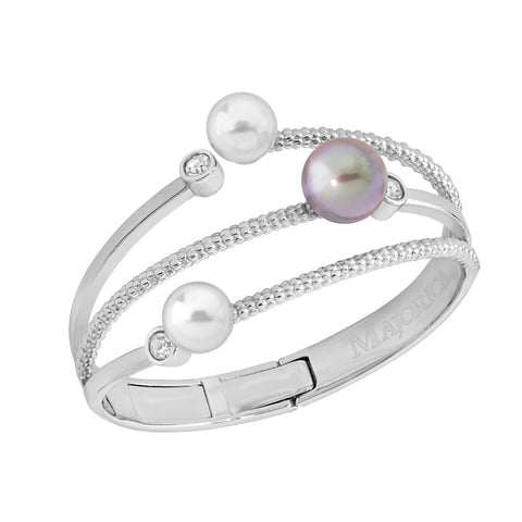 Pulsera semi-rígida ancha de acero y perlas MAJORICA Planet para mujer