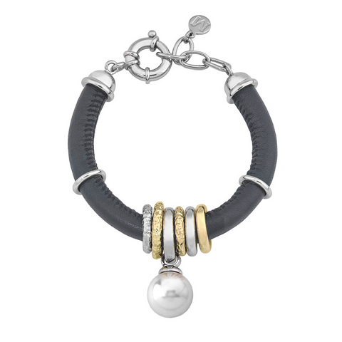 Pulsera MAJORICA Formentera de plata, cuero negro y perla blanca para mujer