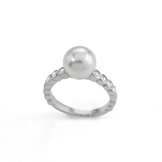 Anillo de plata Majorica perla blanca 8mm con circonitas para mujer