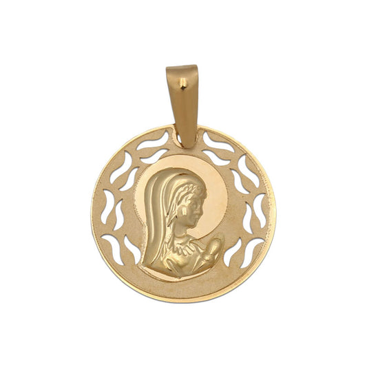 Colgante medalla en Oro de 18K Virgen niña 17mm con tallado