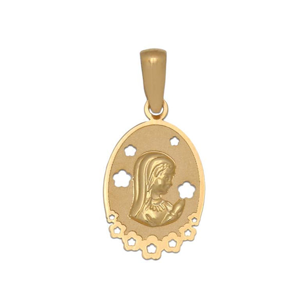 Colgante medalla de Oro de 18K Virgen niña tallada flores
