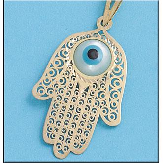 COLGANTE ORO 18KL MANO DE FATIMA + OJO TURCO - Joyeria Zeller