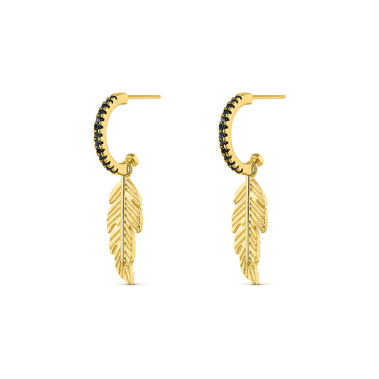 Pendientes Aros de plata dorada circonitas negras con pluma para mujer