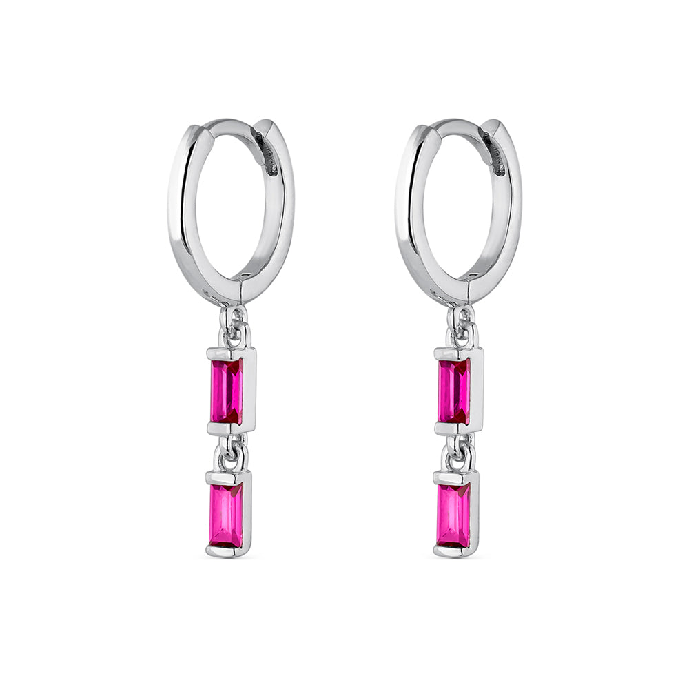 Pendientes Aros de plata colgante doble baguette rojo para mujer