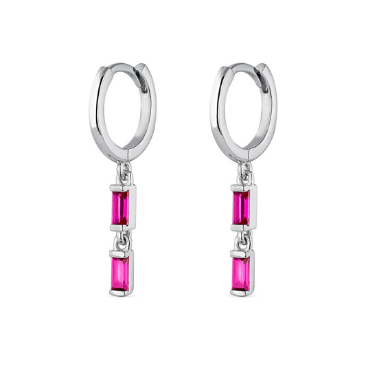 Pendientes Aros de plata colgante doble baguette rojo para mujer