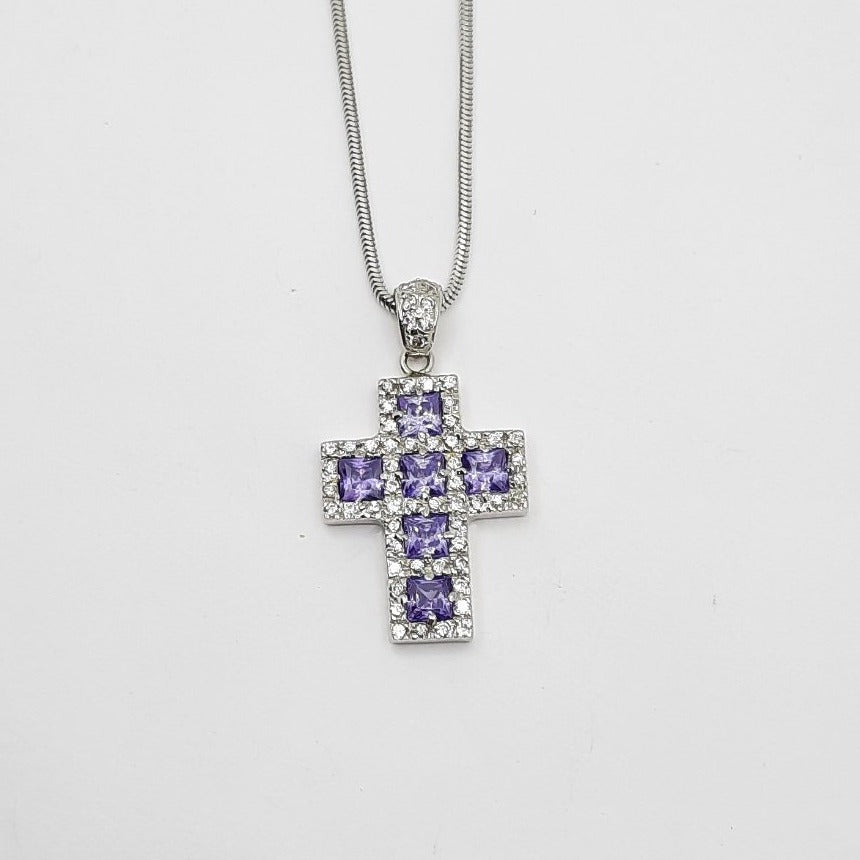 ▷ Colgante oro blanco 18k Cruz amatistas y circonitas para mujer