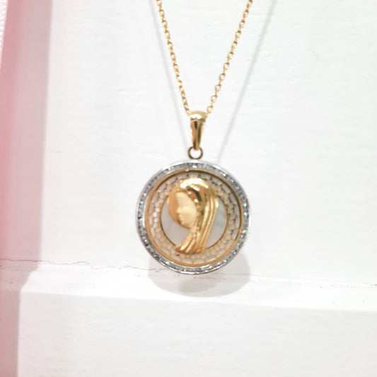 Colgante Medalla Virgen en oro de 18k bicolor Madreperla