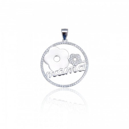 Collar con colgante MAMA de plata Circulo de circonitas con flores para mujer