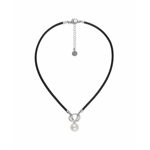Collar de plata Majorica SICILIA Perla Blanca cuero negro para mujer