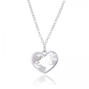 Collar de plata rodiada con el mundo en forma de corazón para mujer