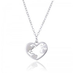 Collar de plata rodiada con el mundo en forma de corazón para mujer