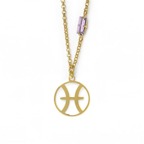 Collar Victoria Cruz de plata dorada Horoscopo PISCIS con cristal amatista para mujer