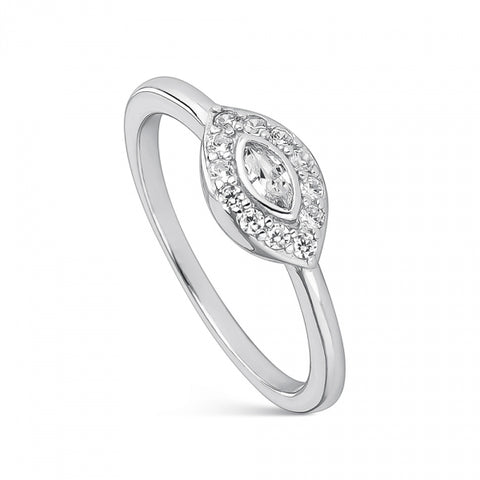 Anillo fino de plata con circonitas en forma de ojo para mujer