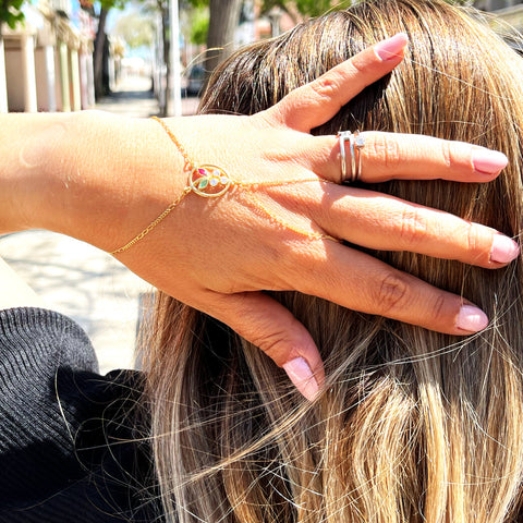 Pulsera de Oro 18k cadena de dedo con rubi y esmeralda para Mujer