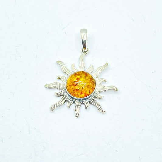 Collar de plata con colgante Sol 30mm con piedra Ámbar