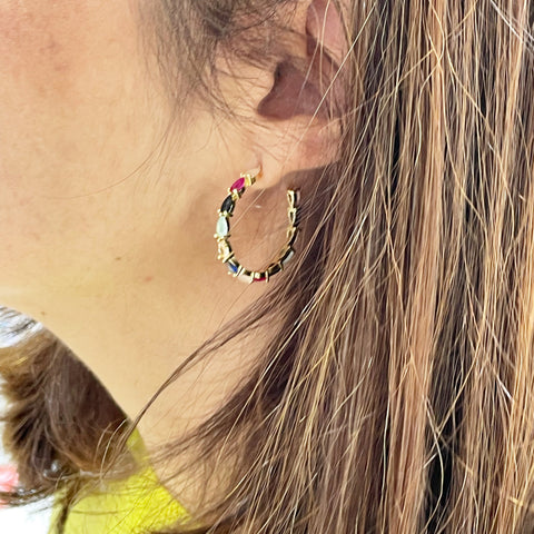 Pendientes aro abierto Plata dorada con piedras multicolor para mujer