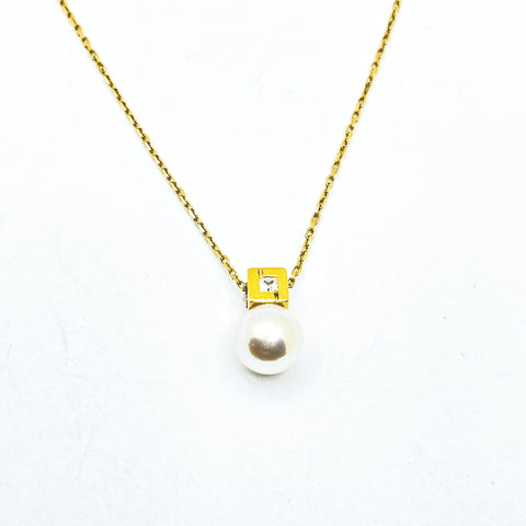 Collar de oro 18k perla blanca con circonita "tu y yo" para mujer