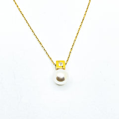 Collar de oro 18k perla blanca con circonita "tu y yo" para mujer