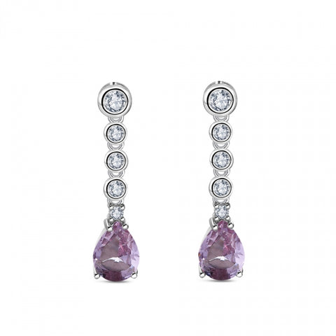 Pendientes largos de plata con circonitas y piedra color amatista para mujer