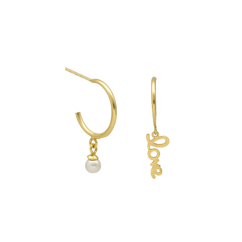 Pendientes de aro en forma de LOVE y perla bañados en oro para mujer