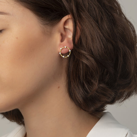 Pendientes Victoria Cruz Circulo plata baño de oro cristal blanco para mujer