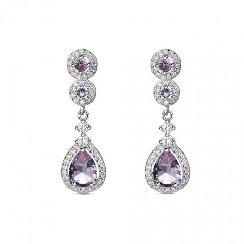 Pendientes largos de plata con circonitas y piedra color lila para mujer