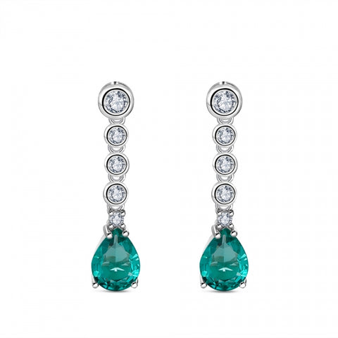 Pendientes largos de plata con circonitas y piedra color aguamarina para mujer